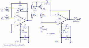 Low Pass Filter Circuit using Op-amp TL062 for Subwoofer Pre-amp