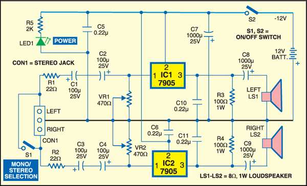1 Watt Audio Amplifier Schematic using 7905 IC