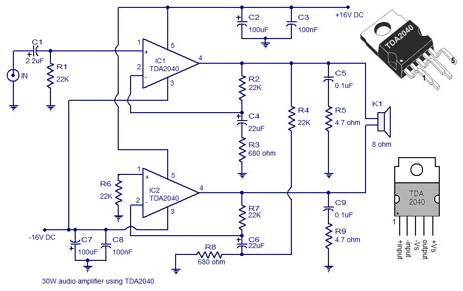 30 Watts Audio amplifier circuit using TDA2040 IC